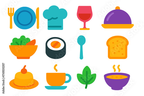 Modern Cuisine flat icons: plate, fork and knife, chef hat, wine glass, dish cover, salad bowl, sushi roll, soup spoon, bread slice, dessert plate, coffee cup, garnish leaf.