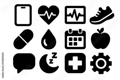 Mobile Health Apps silhouette set: smartphone screen, heart rate, pulse chart, fitness shoe, pill, water droplet, calendar, apple, chat bubble, sleep tracker, medical cross, gear.