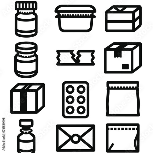 Tamperproof Packaging silhouette set: medicine bottle seal, food container seal, shrink-wrapped box, sealed jar, safety tape, sealed carton, package with strap, blister pack,