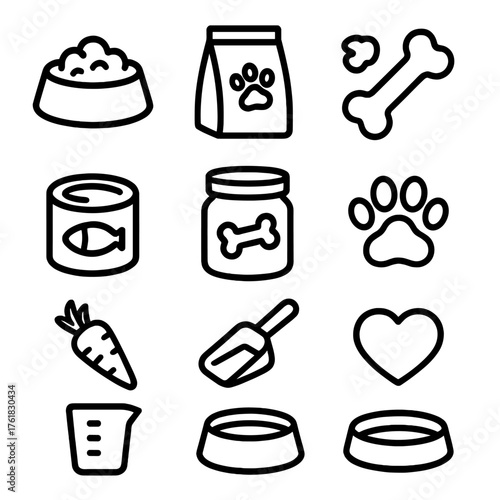 Pet Food Supplies outline icon set: food bowl, kibble bag, fish flakes, bone, can, treat jar, scoop, paw print, carrot, measuring cup, heart, water dish.