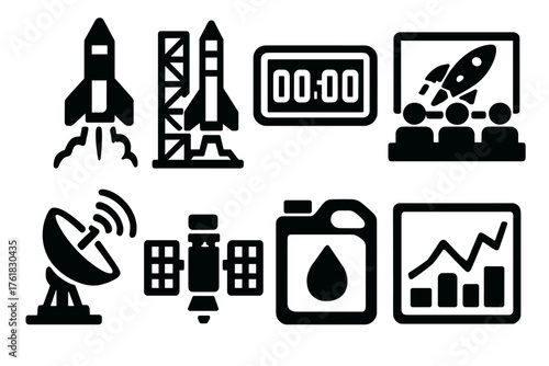 Orbital Launch Tech silhouette set: rocket ascent, launch pad structure, countdown clock, mission control, telemetry radar, satellite payload, fuel icon, data chart. , , High