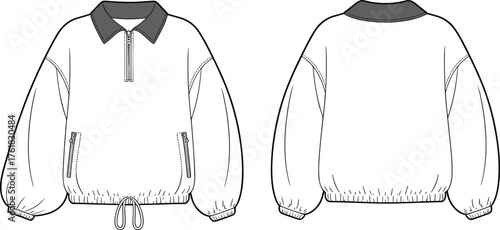 Technical Fashion Flat Sketch of a Vintage 1950s Short Sleeve Shirt Dress, Button-Front with Full Pleated Skirt, Women's Apparel Vector Outline Drawing.