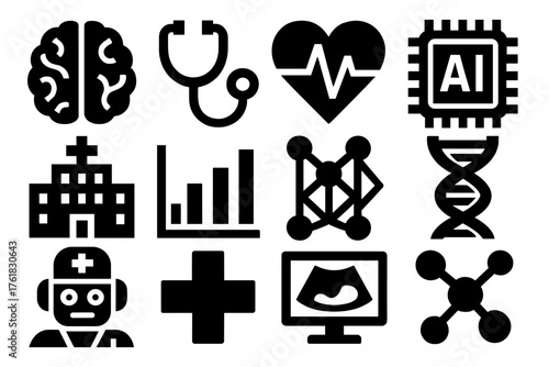 Healthcare AI silhouette set: brain icon, stethoscope, heart monitor, AI chip, hospital building, data chart, neural network, DNA strand, robot doctor, medical cross, diagnostic