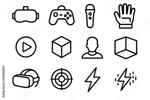 Virtual Reality Play outline icon set: VR headset, joystick, motion controller, gloves, play button, 3D cube, avatar icon, room space, headset outline, radar grid, lightning bolt,