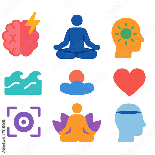Mental Fitness flat icons: brain spark, yoga figure, mindfulness head, heart icon, calm wave, focus target, meditation lotus, open mind.
