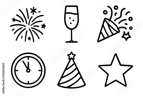 New Year Mood outline icon set: fireworks, champagne glass, confetti, clock striking midnight, party hat, star.