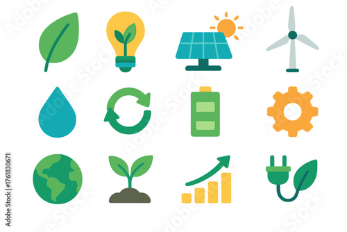 Eco Innovation flat icons: leaf, lightbulb, solar cell, wind turbine, water drop, recycling loop, battery, gear, globe, plant sprout, chart growth, eco plug.