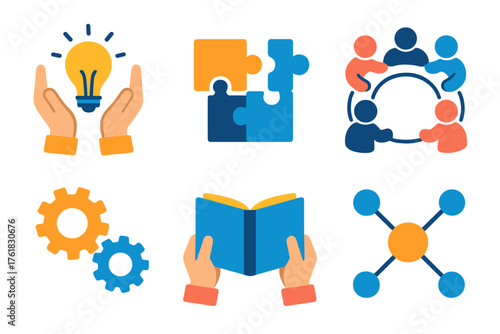 Co-creation flat icons: two hands holding lightbulb, puzzle pieces joining, group drawing circle, gears meshing, shared book, connected dots.