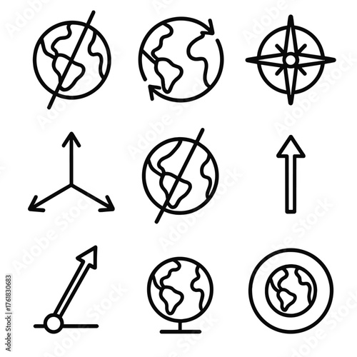 Axis basics outline icon set: globe with axis line, rotation arrows, compass, 3D axis lines, Earth tilt, arrow pointing up, pivot point, circular orbit.