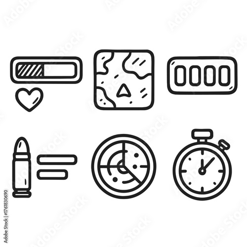 HUD Elements set of icons in doodle hand-drawn vector style: health bar, minimap, score counter, ammo icon, radar, timer.