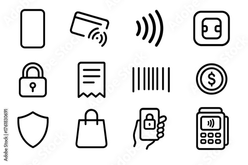 Contactless Transactions outline icon set: smartphone, credit card tap, wireless icon, NFC chip, padlock, receipt, barcode, dollar coin, shield, shopping bag, secure pay, terminal.