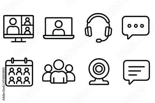 Virtual Meetings outline icon set: video call screen, laptop, headset, speech bubble, calendar, group of people, webcam, chat icon. , , High resolution, sharp vector-like