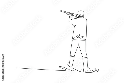 Single one line drawing man shooting athlete is aiming shotgun from steady, rear-facing stance, illustrating concentration and precision. Modern continuous line draw design graphic vector illustration
