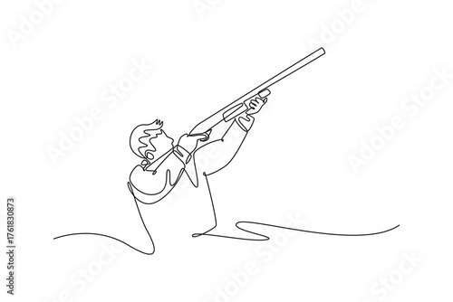 Single one line drawing attractive man, a shooting athlete, is aiming a shotgun upward to target an airborne object with intense focus. Modern continuous line draw design graphic vector illustration