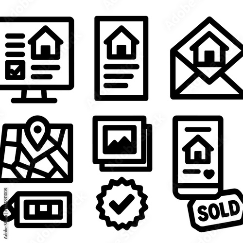 Housing Ads silhouette set: online listing, real estate flyer, email campaign, mobile post, neighborhood map, offer badge, photo gallery, sold tag.
