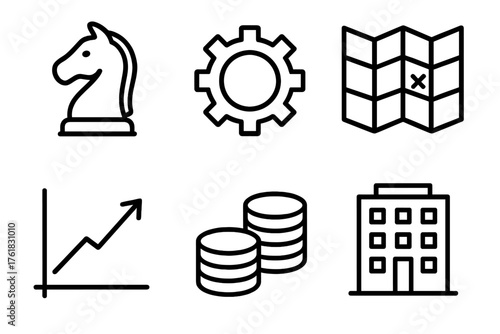 Strategy & Simulation outline icon set: chess piece, gear, map grid, chart arrow, coins, building.