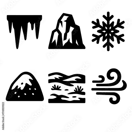 Frozen Terrain silhouette set: icicle, rocky cliff, frost crystal, snow-covered hill, tundra, cold wind.
