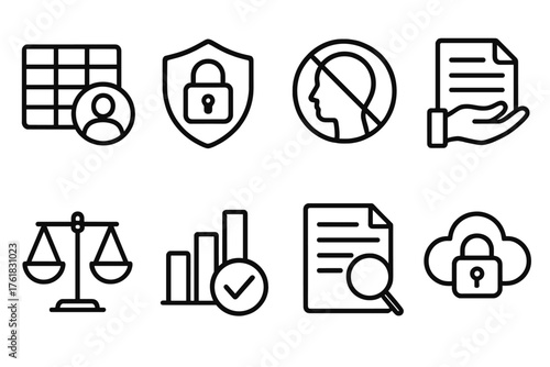 Ethical Training Data outline icon set: anonymized dataset icon, privacy lock badge, bias detection symbol, consent form file, fairness scale icon, data quality check, transparency