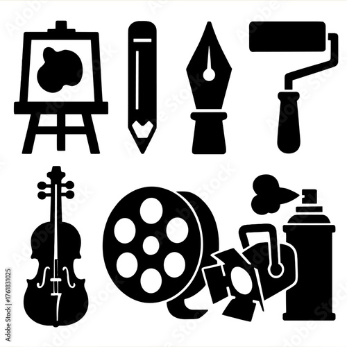 Artistic right brain silhouette set: easel with canvas, pencil, calligraphy pen, paint roller, spray can, violin, film reel, stage spotlight.
