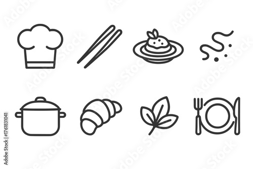 Chef Creations outline icon set: kitchen hat, plating tongs, gourmet dish, sauce drizzle, pot icon, pastry icon, herb leaf, dining plate.