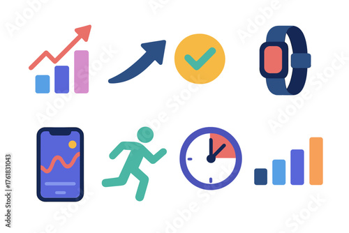 Training Insights flat icons: chart analysis, improvement arrow, checkmark goal, sensor strap, fitness app screen, motion data, time segment, performance bar.