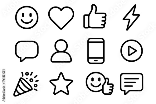 Live Reactions outline icon set: emoji, heart, thumbs up, lightning bolt, speech bubble, avatar, smartphone, play button, confetti, star, reaction icon, chat box.
