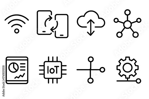 Seamless Connectivity outline icon set: Wi-Fi symbol, smartphone sync, cloud arrows, integration node, tablet dashboard, IoT chip, network lines, automation icon.
