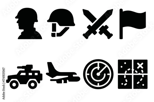Military Task Force silhouette set: soldier silhouette, helmet, crossed swords, flag, armored vehicle, cargo plane, radar screen, mission map.