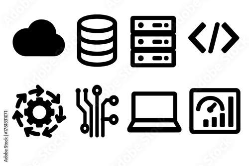 Tech Container silhouette set: cloud icon, database cylinder, server rack, code brackets, gear with arrows, circuit board, laptop screen, dashboard.