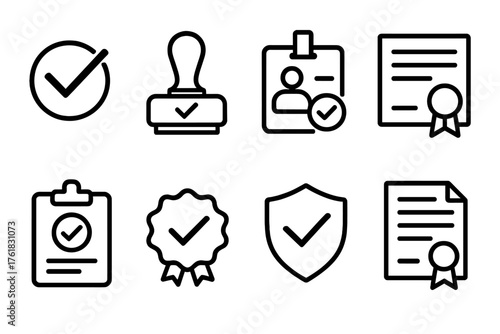 Validation basics outline icon set: checkmark, stamp of approval, ID badge, certificate, clipboard with check, verified badge, shield with check, document with seal.