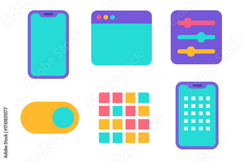 Digital filter flat icons: smartphone, app window, sliders, toggle switch, pixel grid, screen.