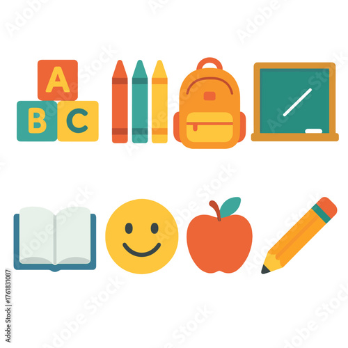Early Education flat icons: blocks, crayons, backpack, chalkboard, open book, smiling face, apple, pencil.