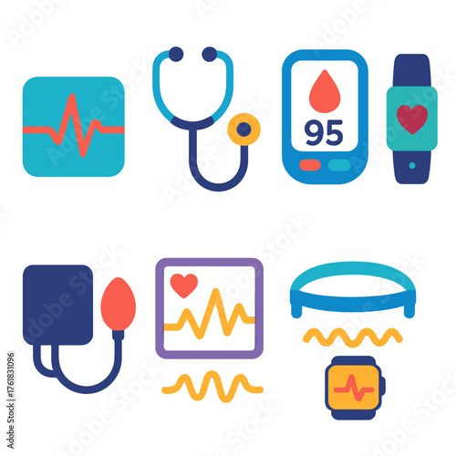 Health Biometrics flat icons: heartbeat line, stethoscope, glucose meter, fitness tracker, blood pressure cuff, wellness chart, EEG headband, smart watch.