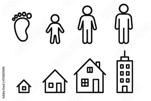Growth outline icon set: baby footprint, child silhouette, teenager, adult figure, tiny house, medium house, large house, skyscraper.