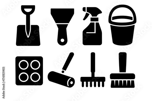 Snow Sculpting Tools silhouette set: snow spade, ice scraper, spray bottle, bucket, mold tray, snow roller, small rake, brush.