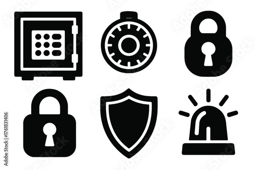 Security PIN entry silhouette set: vault, combination dial, key, padlock, shield, alarm.