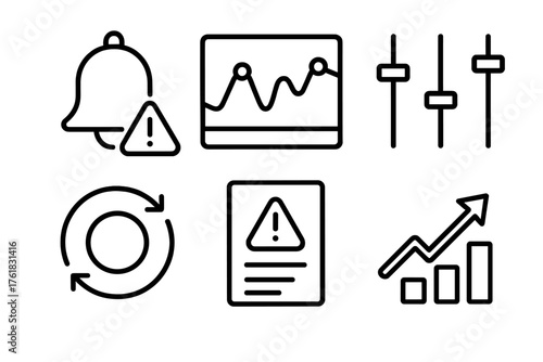 Monitoring & Optimization outline icon set: alert bell, performance graph, tuning sliders, feedback loop, error log, improvement arrow.