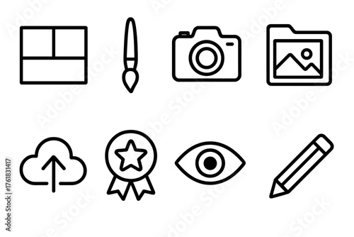 Creative Portfolios outline icon set: gallery grid, paintbrush, photo camera, project folder, upload cloud, star badge, viewer eye, edit pencil.