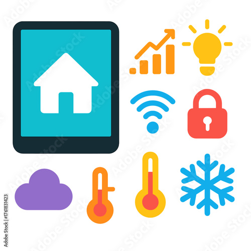 Home Dashboards flat icons: tablet screen, house symbol, energy graph, light control, Wi-Fi waves, lock, cloud, temperature icon. , , High resolution, sharp vector-like appearance,