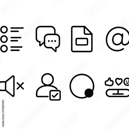 Collaboration Messaging outline icon set: channel list, thread reply, shared file, user mention, mute icon, task link, online status dot, reactions bar.