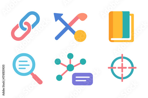 Cross-reference symbols flat icons: link chain, arrows crossing, overlapping circles, double book icon, magnifier on text, node network, index card, crosshair.