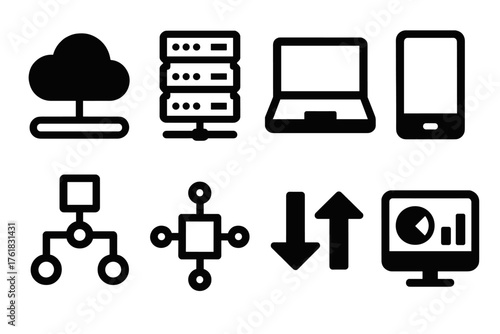 Digital Efficiency silhouette set: cloud storage, server rack, laptop, smartphone, algorithm nodes, circuit board, upload/download arrows, dashboard screen.