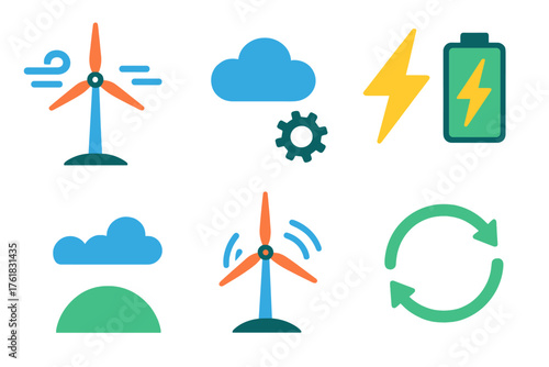 Wind Power flat icons: turbine, gust, cloud, hill, lightning bolt, gear, battery, arrow circle.