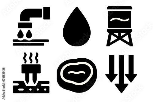 Water Conservation silhouette set: irrigation pipe, droplet icon, water tank, soil moisture sensor, farm pond, flow arrows.