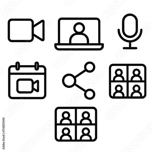 Video Meetings outline icon set: camera icon, laptop screen, microphone, calendar invite, connection lines, participant grid.