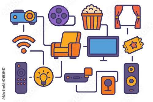 Connected Cinema flat icons: projector, film reel, popcorn bucket, recliner chair, soundbar, big screen, Wi-Fi symbol, movie ticket, remote control, curtain, lighting icon, speaker
