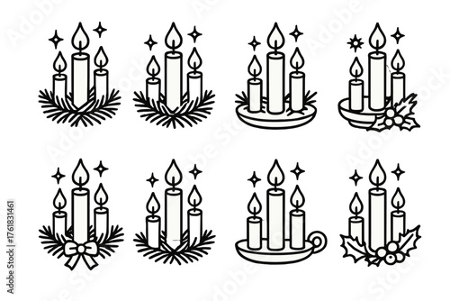 Advent Candles outline icon set: four candles, wreath of pine, glowing flame, purple ribbon, candle holder, holly berries, gentle light, star shimmer. , , High resolution, sharp