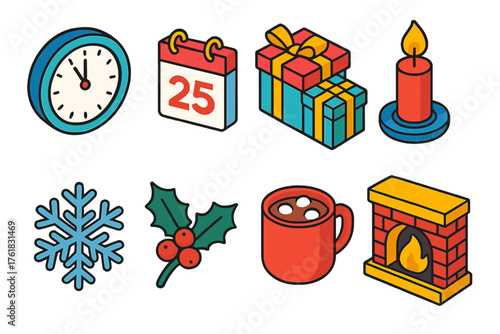 Christmas Time flat isometric set: clock striking midnight, calendar with December 25, wrapped gifts, festive candle, snowflake, holly sprig, mug of cocoa, warm fireplace.