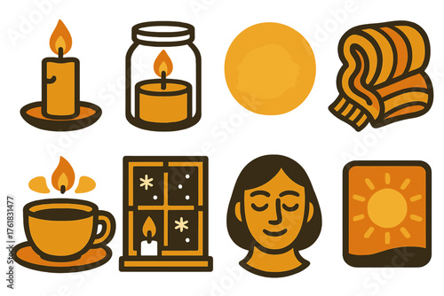 Candlelight Warmth silhouette set: single candle, glass jar, soft glow, cozy blanket, tea cup, snowy window, peaceful mood, golden warmth.