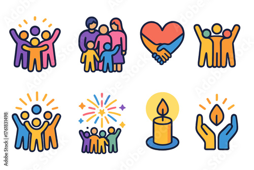 New Year Unity flat isometric set: community celebration, family gathering, linked arms, heart symbol, joyful crowd, fireworks burst, glowing candle, shared hope.